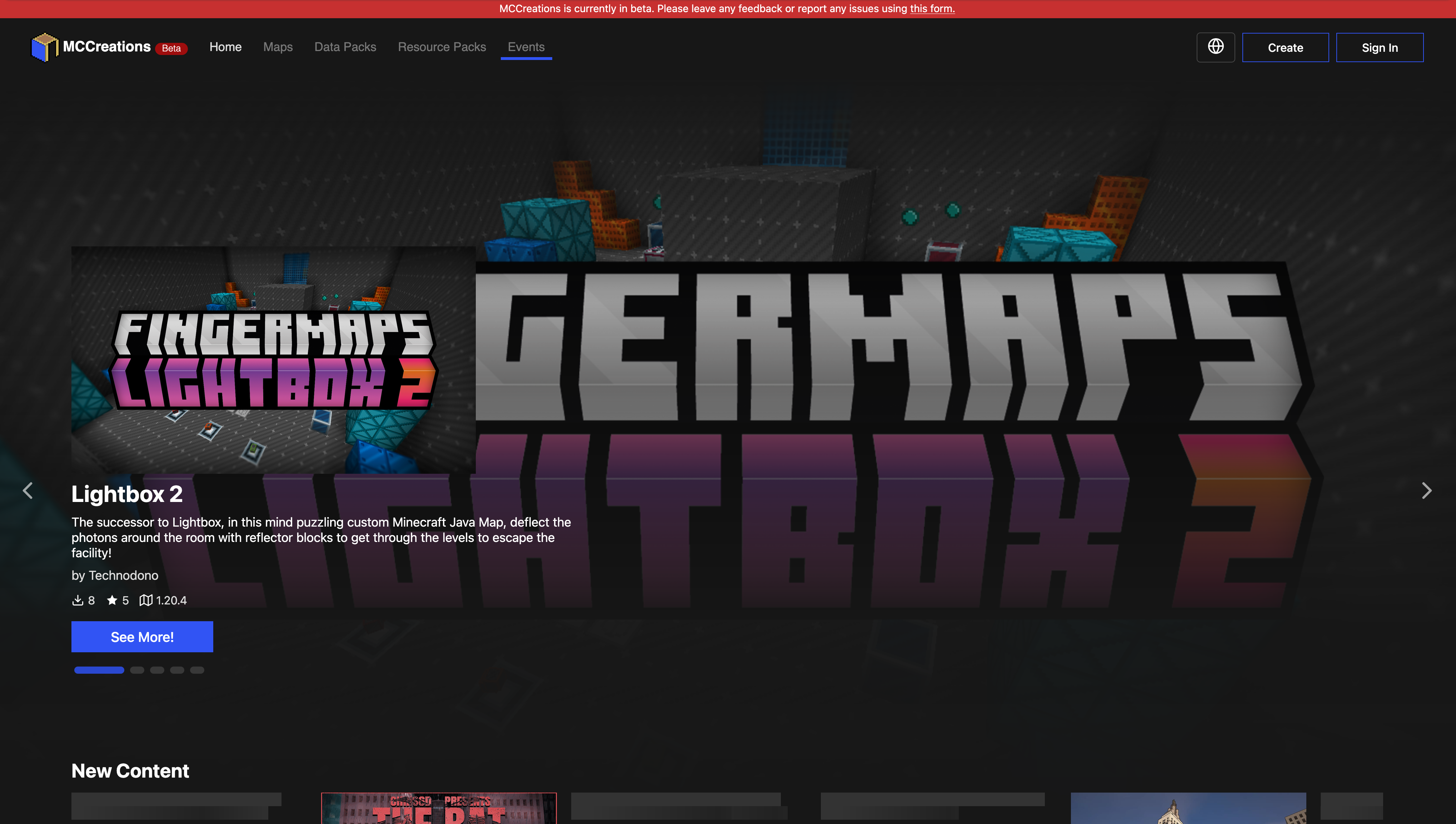 First iteration of the MCCreations Next homepage